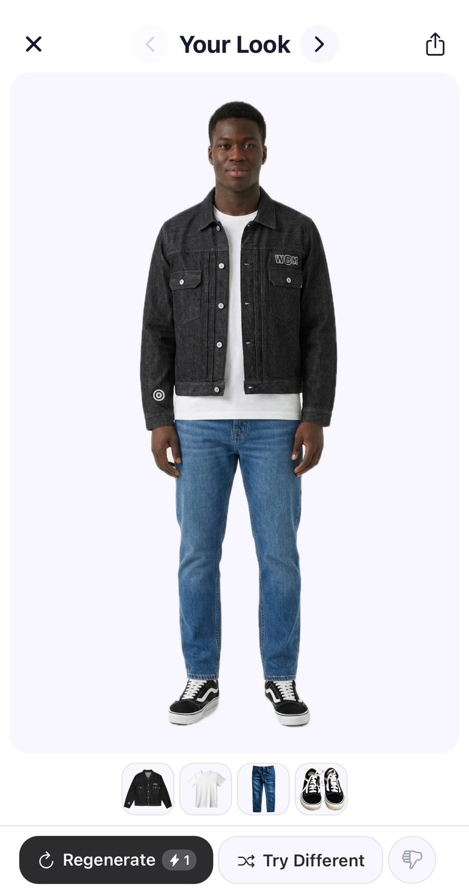 drobe virtual try-on showing a styled outfit — a denim jacket, white tee, jeans, and sneakers — on a model