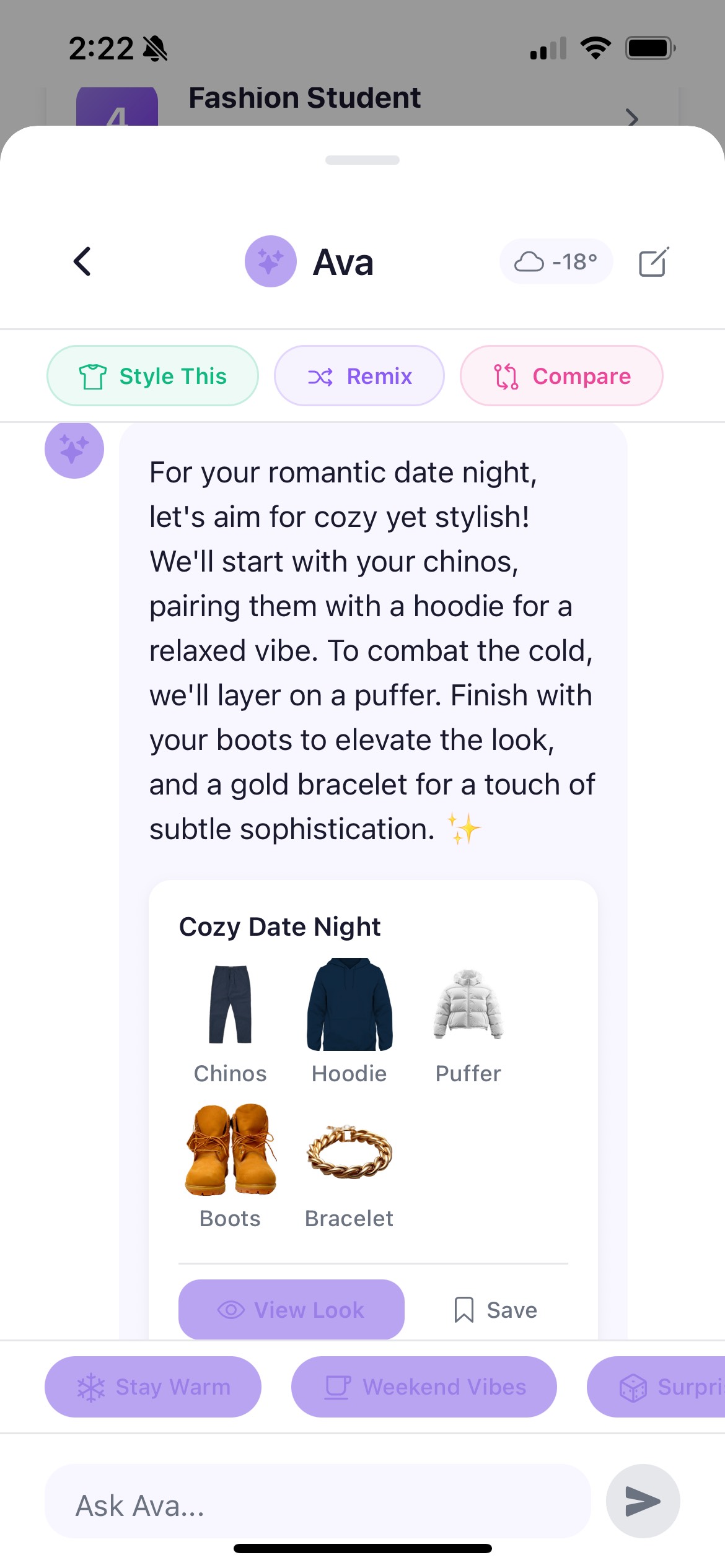 AI stylist recommending a Cozy Date Night outfit with chinos, hoodie, puffer jacket, boots, and bracelet