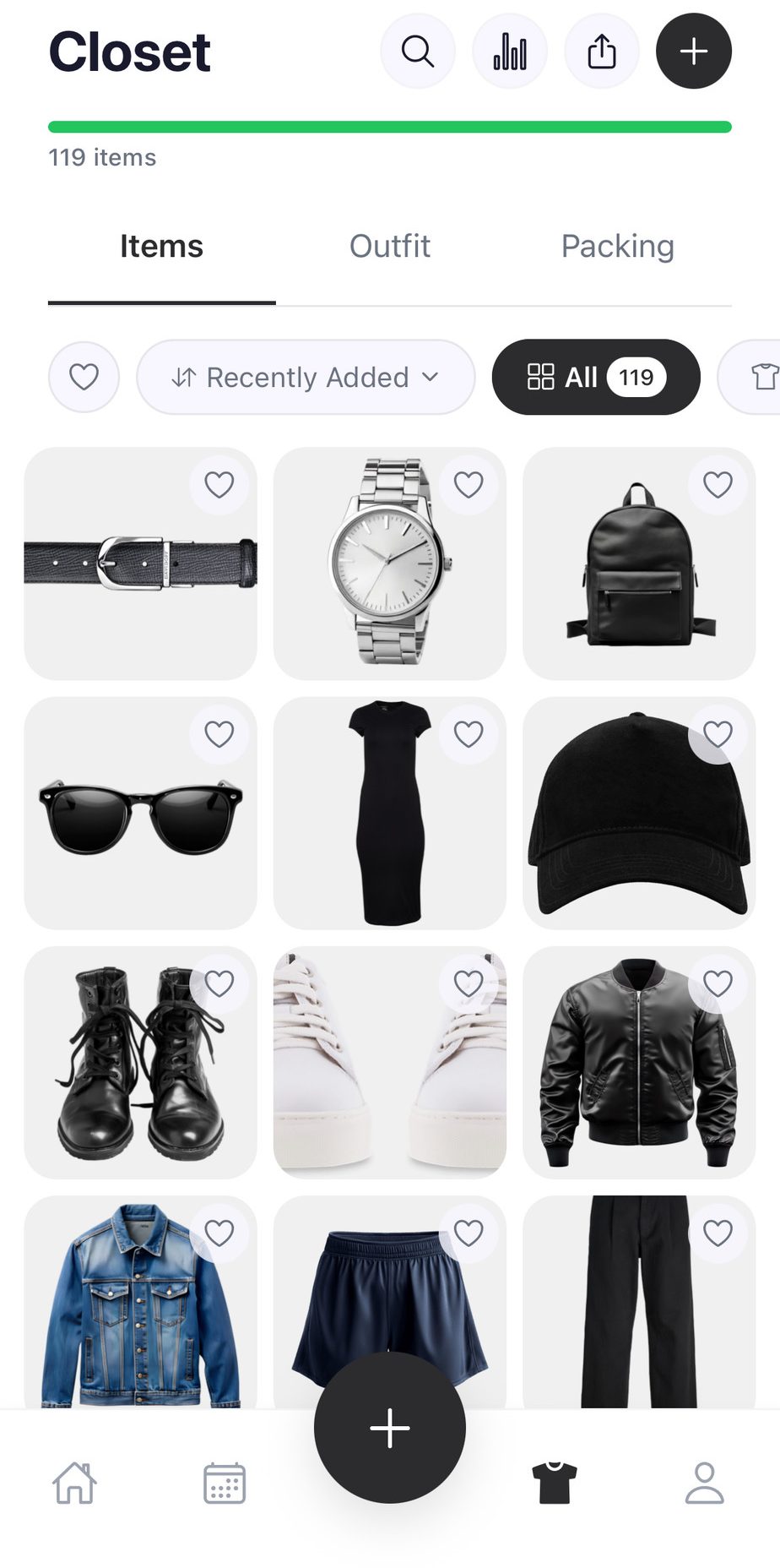drobe digital closet showing 119 organized wardrobe items with sorting and category filters