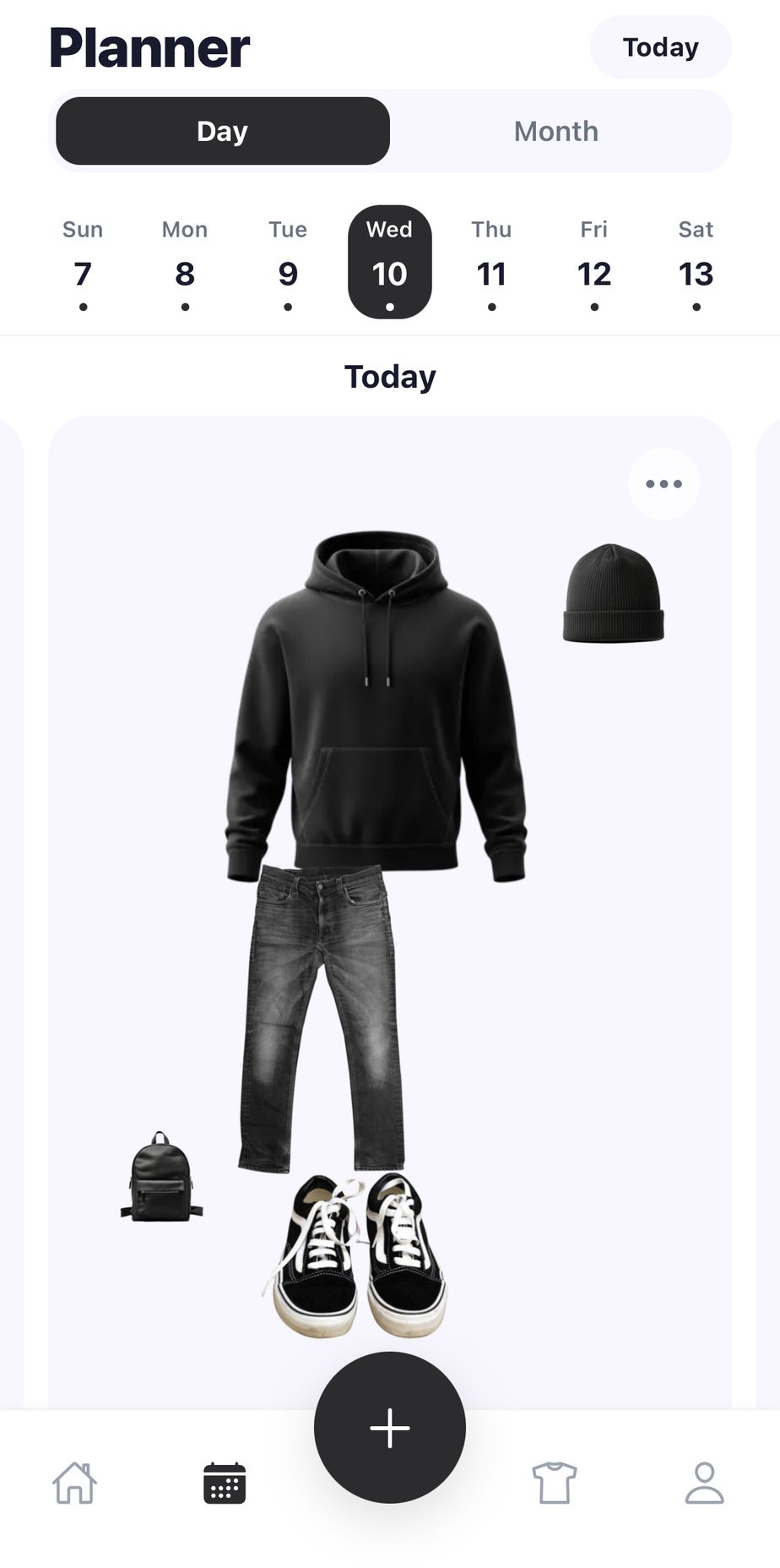 drobe Planner showing today's outfit — a black hoodie, washed jeans, Vans, and a beanie — with a weekly day selector