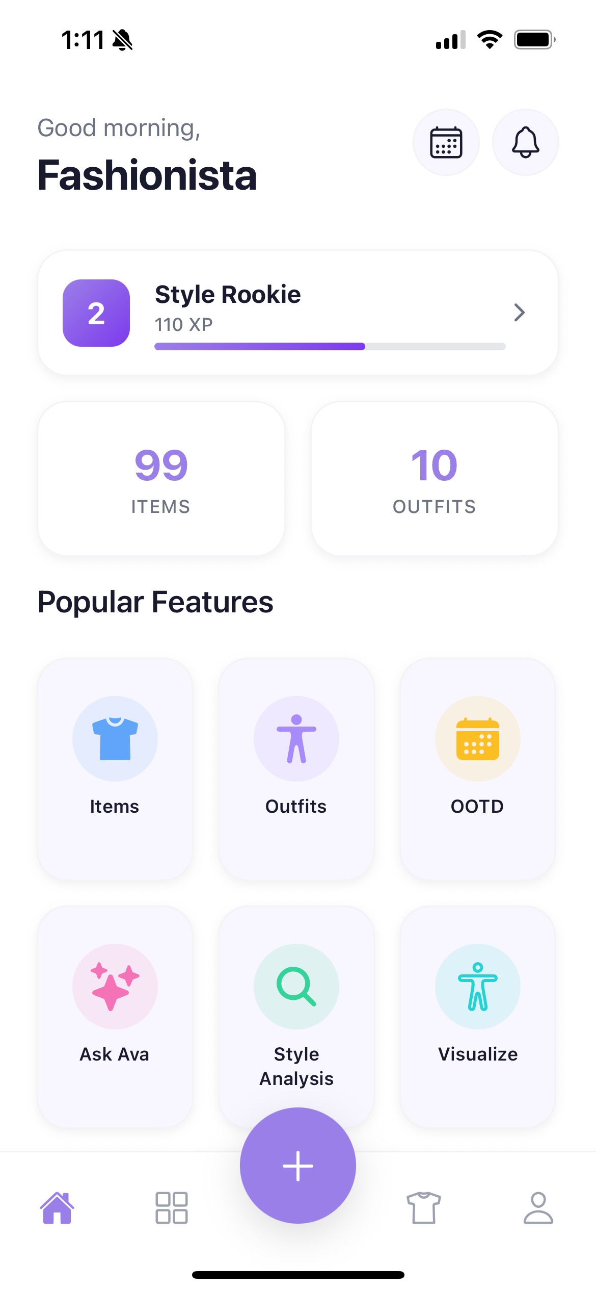 drobe home dashboard showing 99 wardrobe items, 10 outfits, and popular features like Ask Your Stylist, Style Analysis, and Outfit of the Day