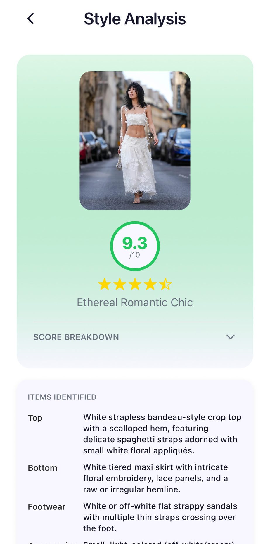 drobe Style Analysis scoring an outfit 9.3 out of 10 (Ethereal Romantic Chic) with the items it identified